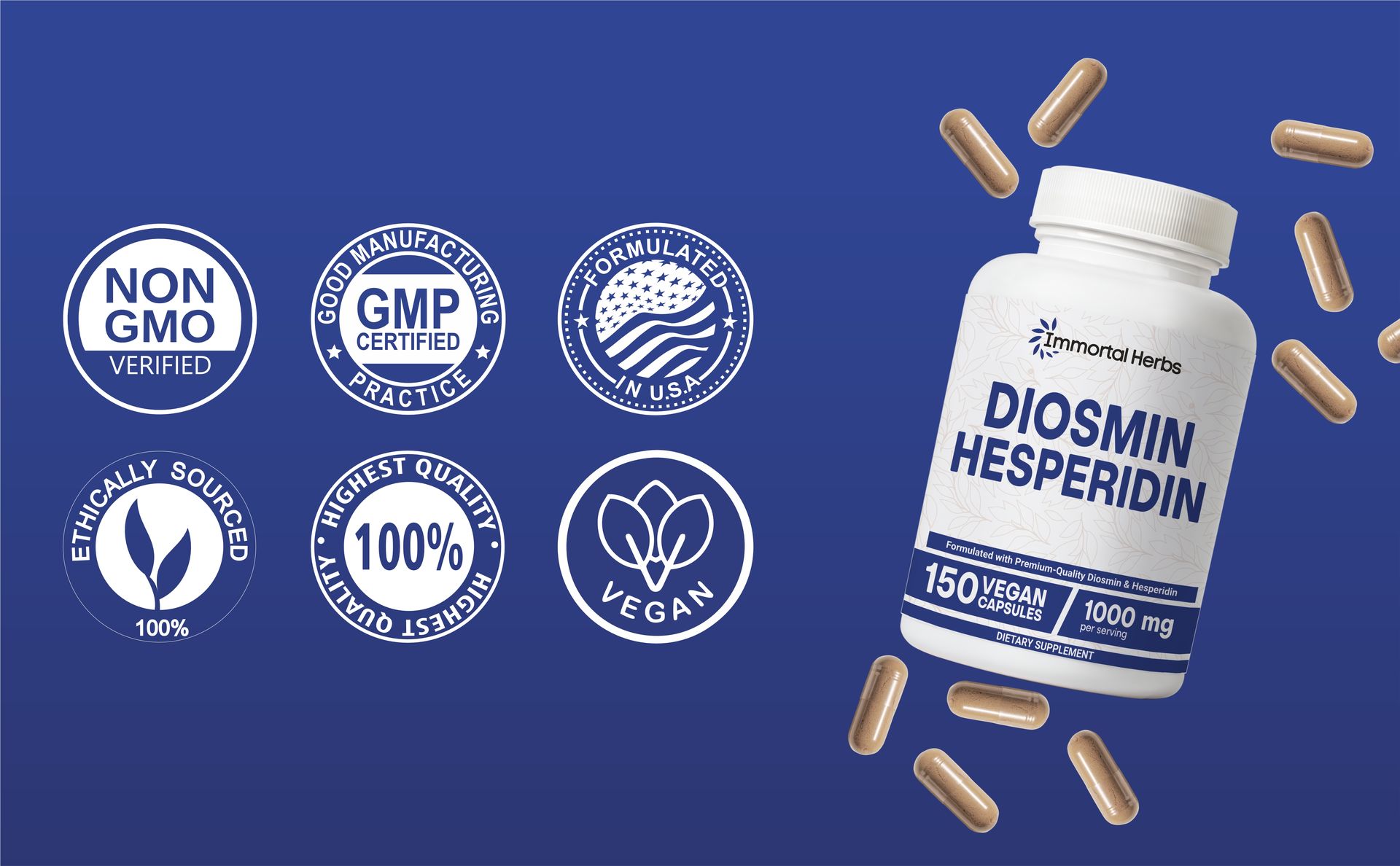 Diosmin Hesperidin 1000mg Complex, 150 Capsules, Citrus Bioflavonoids Rich Fruit Extract, 100% Vegetarian, Non-GMO & Gluten Free Diosmin Supplement with Max Strength