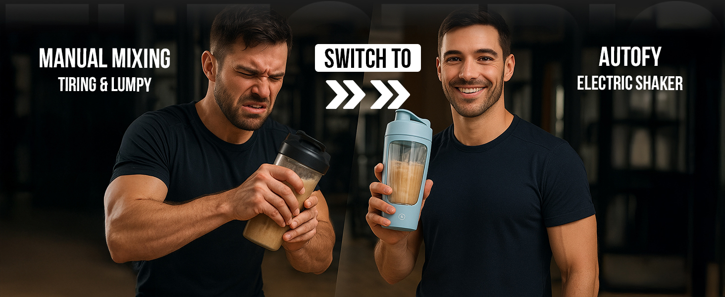Autofy Electric Shaker for Gym Protein Shaker Bottle 100% Leakproof Design Multipurpose Use Coffee Lassi Milkshake BCAA Mixing Home Office Workout use *60 Mins Runtime* Anti-Skid Base (Black - 650ml)