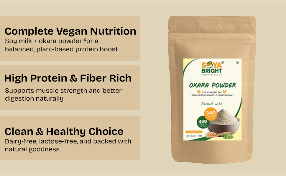 Soya Bright Okara Powder 195g (Pack of 1) | High Fiber Soy Superfood | Plant Protein | Preservative Free | Vegan | Gluten Free Soy Pulp Powder