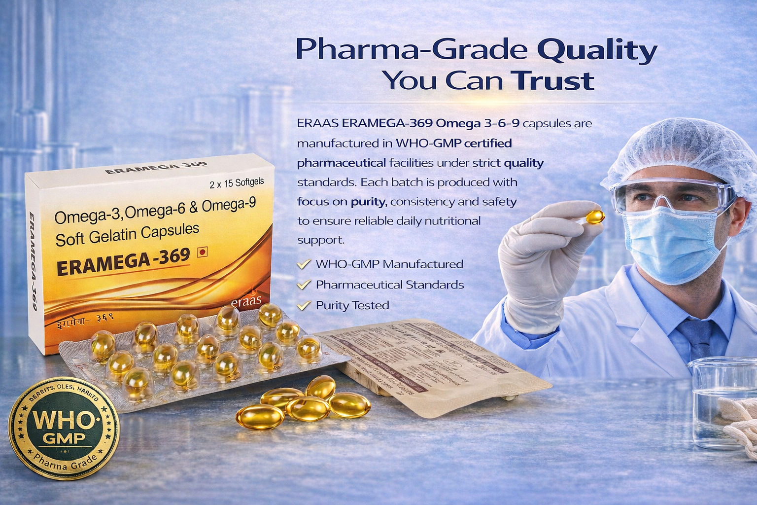 ERAAS Eramega 369 Omega 3 High Strength Pure Fish oil for Heart, Brain & Joints Fish Oil 300 mg Omega 3 200mg Omega 6 100 mg Omega 9 with EPA & DHA | Pack of 30 Softgel Capsules