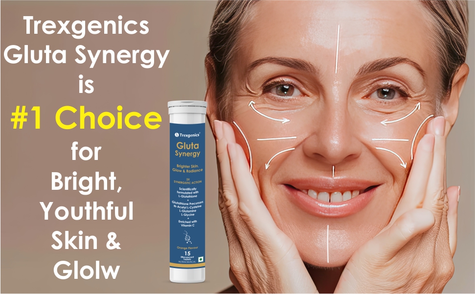 Trexgenics GLUTA SYNERGY L-Glutathione 500 mg + Glutathione Precursors 750 mg as N-Acetyl Cysteine, Glycine & Glutamine + Vitamin C Skin Glow, Radiance (2 Pack x 15 =30 Effervescent Tablets , Orange flavour