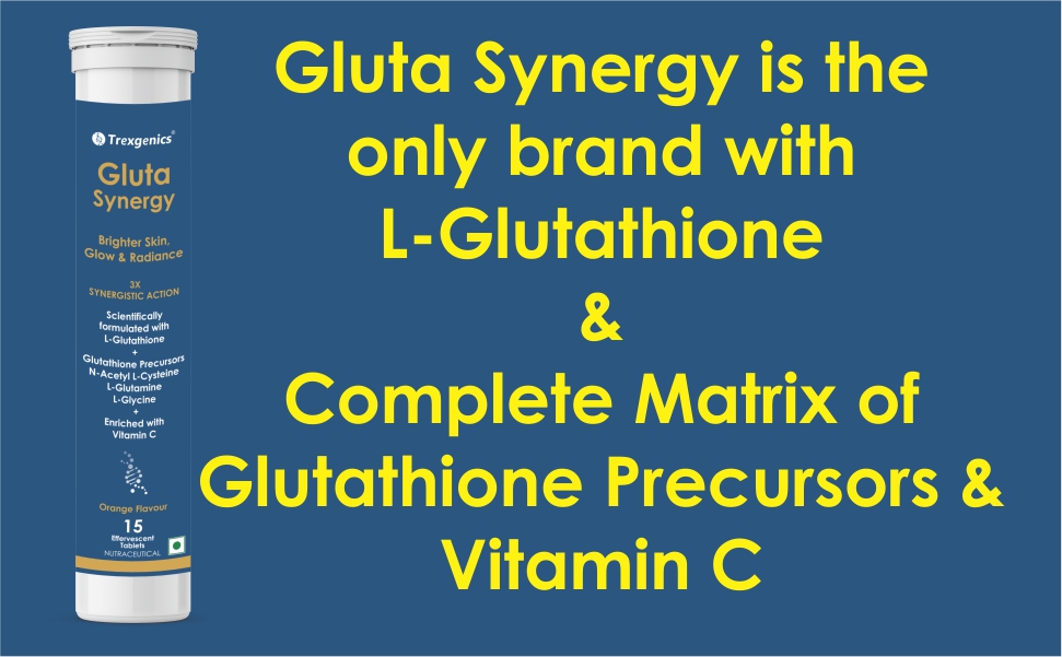 Trexgenics GLUTA SYNERGY L-Glutathione 500 mg + Glutathione Precursors 750 mg as N-Acetyl Cysteine, Glycine & Glutamine + Vitamin C Skin Glow, Radiance (2 Pack x 15 =30 Effervescent Tablets , Orange flavour