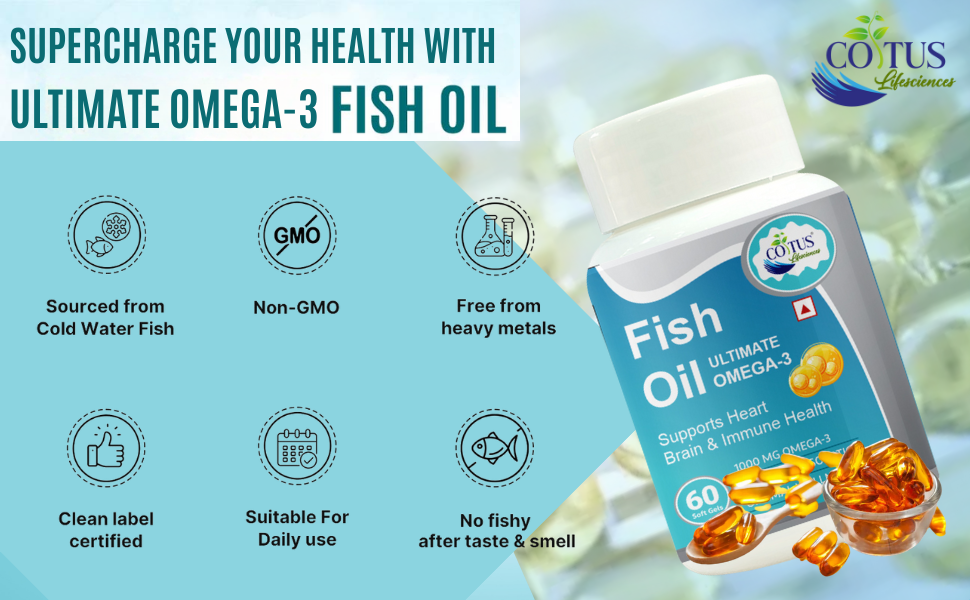 Fish Oil Capsules1000mg Omega 3 fatty acids 180mg EPA 120mg DHA Supplement For Men And Women, Supports Heart Brain, Immune Health, 60 Soft Gels Capsule