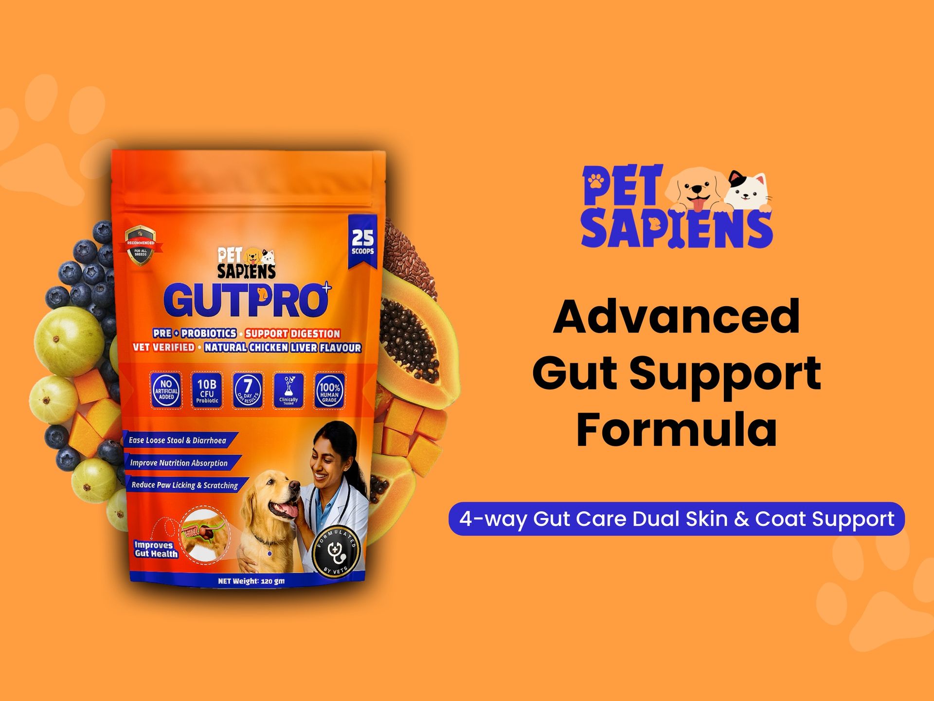 PETSAPIENS Pre + Probiotic Supplement for Dogs (120g) | 10B CFU | Boosts Gut Health & Immunity | Gluten-Free | Vet Formulated | Prevents Scratching, Paw-Licking & Indigestion | Chicken Flavour