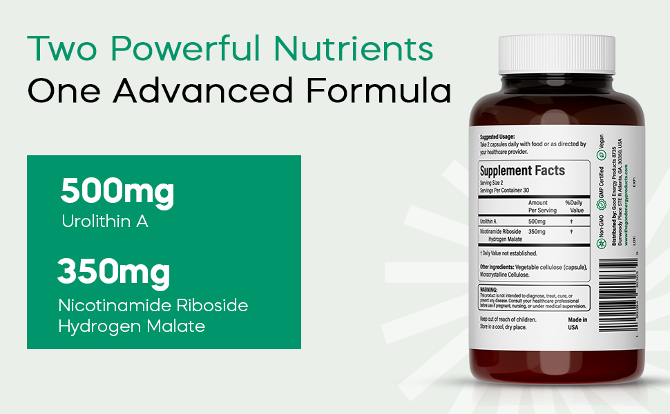Urolithin A 500mg + NAD+ Supplement | 60 Capsules