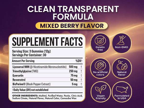 NMN Gummies 500mg – Liposomal NMN | 5-in-1 with TMG | Quercetin | Resveratrol | BioPerine® – NAD+ Precursor – Gelatin Free, Non-GMO, No Artificial Colors