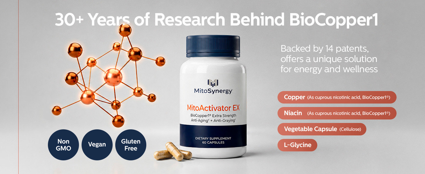 MitoActivator EX - BioCopper1 Cu1 (Cunermuspir) 0.5mg Extra Strength Bioavailable Copper - Mitochondrial NAD+ ATP Booster, Anti-Aging, Anti-Graying, Tick Immune Support