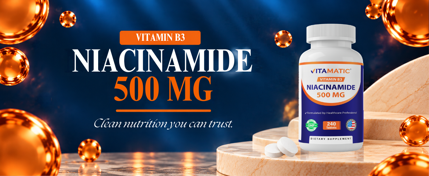 Vitamatic Niacinamide 500 mg 240 Tablets - Flush Free Vitamin B3 - Supports Energy Production