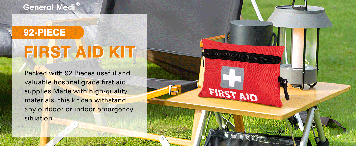 General Medi Mini First Aid Kit, 92 Pieces Small First Aid Kit - Includes Emergency Foil Blanket, Scissors for Travel, Home, Office, Vehicle, Camping, Workplace & Outdoor (Red)