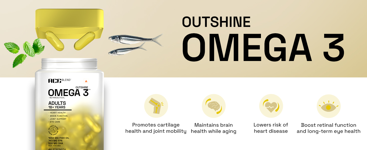 Ace Blend Outshine Omega 3 Fish Oil 4X Strength | 1650mg with 743 EPA & 528 DHA | 2 Softgels Daily for Men & Women | No Fishy Burps | Supports Heart, Brain, Joints & Eye Health | 60 Softgels