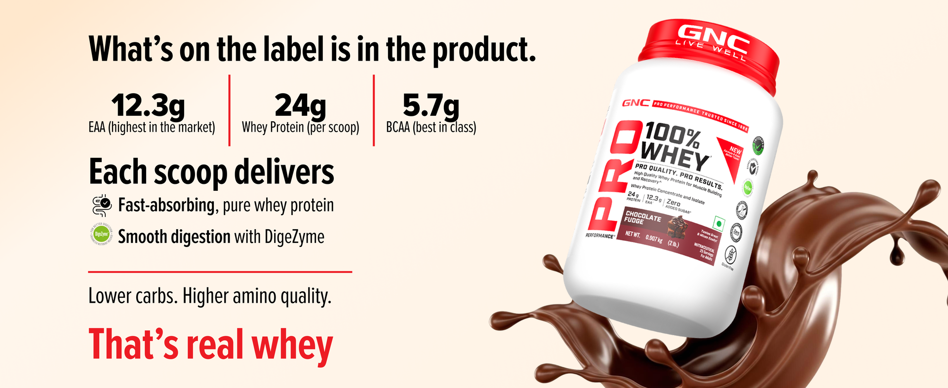 GNC Pro Performance 100% Whey Protein | New Formulation | 24g Protein, 5.7g BCAAs, 12.3g EAAs | Added DigeZyme® | Whey Isolate & Concentrate Blend, Low Carb (4.51g), No Added Sugar | Chocolate Supreme , 907g