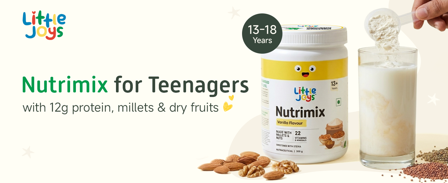 Little Joys Nutrimix Protein Powder for Teenage Boys & Girls (13-18 years) | 12g Protein | No Added Sugar | Ragi, Bajra, Jowar, Almonds & Walnuts | For Energy, Immunity & Brain Health | Vanilla, 350g