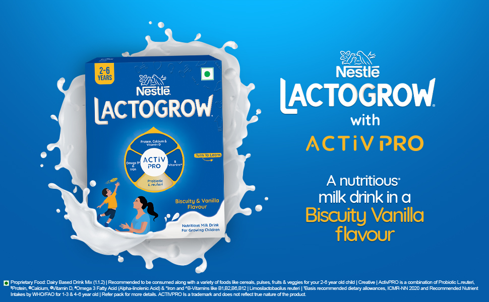 Nestle LACTOGROW Nutritious Milk Drink Powder | Biscuity Vanilla Flavour (2-6 Years),Pack of 3, 1200 G, Bag-In-Box Pack