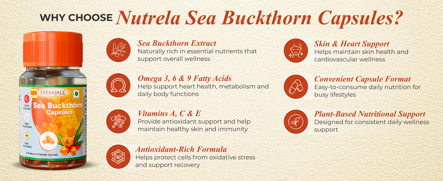 Patanjali Sea Buckthorn Capsules | Natural Supplement for Heart Health, Immunity & Skin Care | Source of Omega 3 6 7 & 9 | Pack of 1