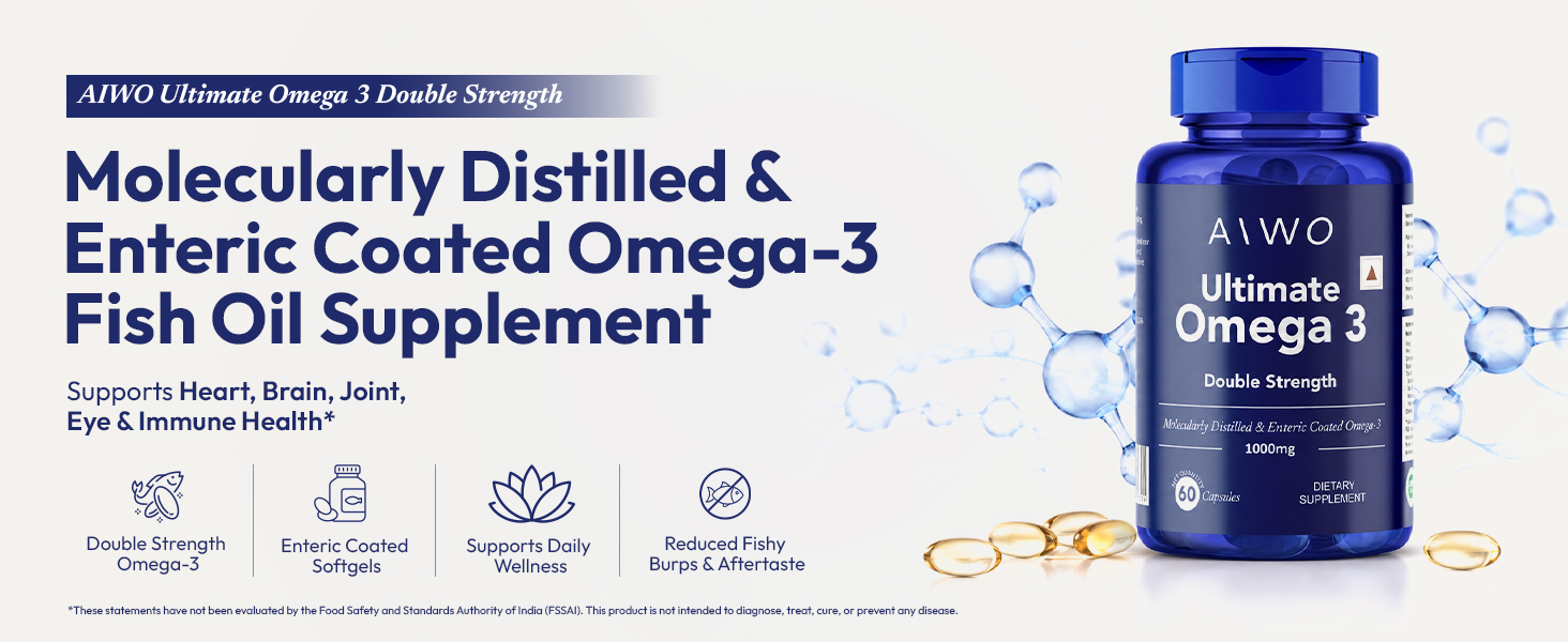 AIWO Ultimate Omega 3 Fish Oil Capsules for Men & Women, Double Strength 1000 mg with 360 mg EPA & 240 mg DHA, Burp-Free Formula, Supports Heart, Brain & Joint Health