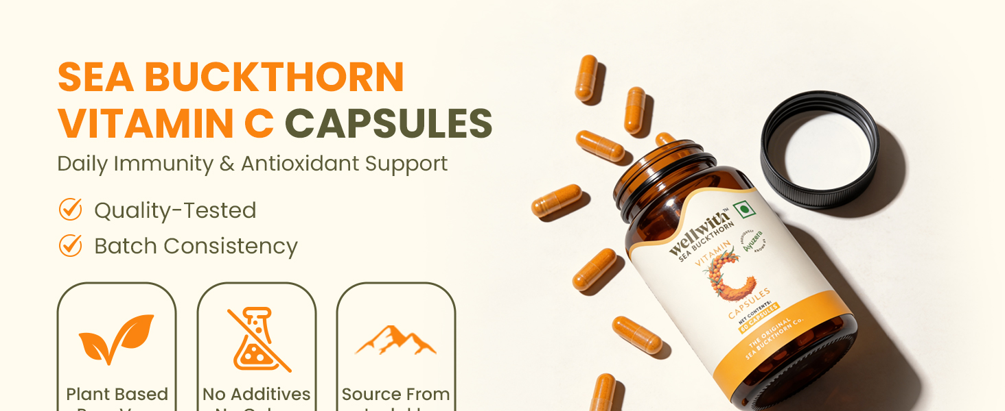 Wellwith by Ayuzera Seabuckthorn Capsules – 60 Vegan Caps | Sea buckthorn capsules rich in Omega 3, 6, 7 & 9 | Supports Skin, Hair & Heart Health | Pack of 1