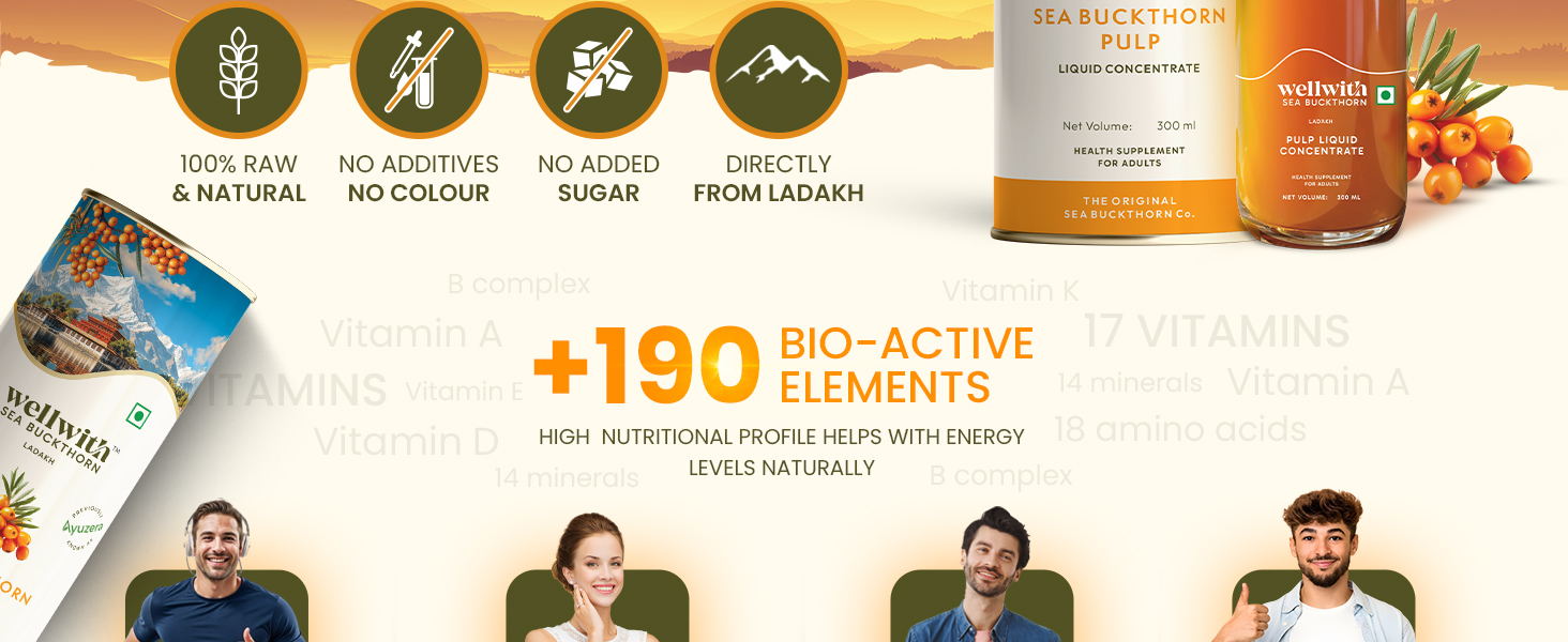 Wellwith by Ayuzera Himalayan Sea Buckthorn Berry Pulp 300ml | Plant Based Vegan Omega 3, 6, 7 & 9 | No Fish Oil | Natural & Organic | Upto 50 Glass Juice | Antioxidants & Vitamins (300ml, Pack Of 2)
