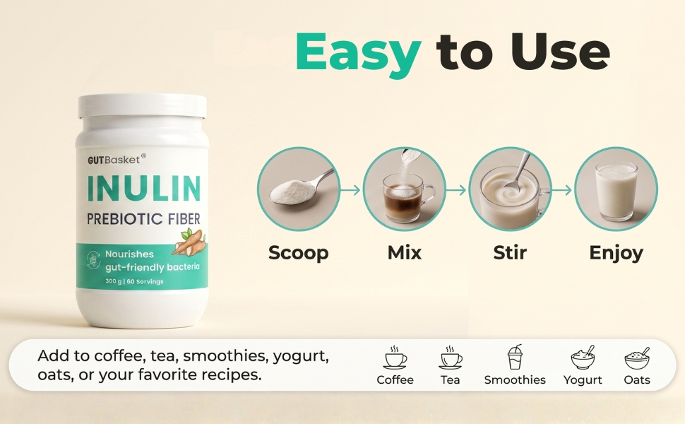 Gutbasket Pure Inulin Powder (300g) - Prebiotic Fiber for Gut Health & Digestive Wellness - Vegan, Non-GMO, Gluten-Free - Perfect for Smoothies, Coffee, and Baking