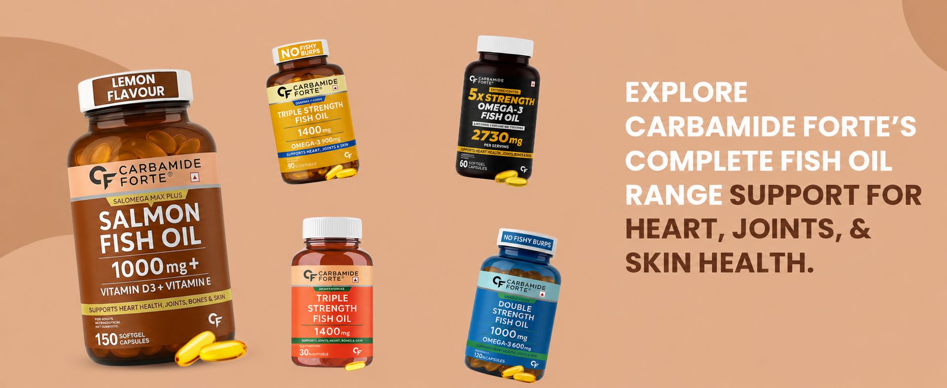 Carbamide Forte Salmon Omega 3 Fish Oil Capsules 1000mg | Salmon Fish Oil Omega 3 Capsule With Vitamin D3 + E For Men & Women | Omega3 Fishoil Supplement For Heart, Joints, Bones & Skin - 150 Softgels