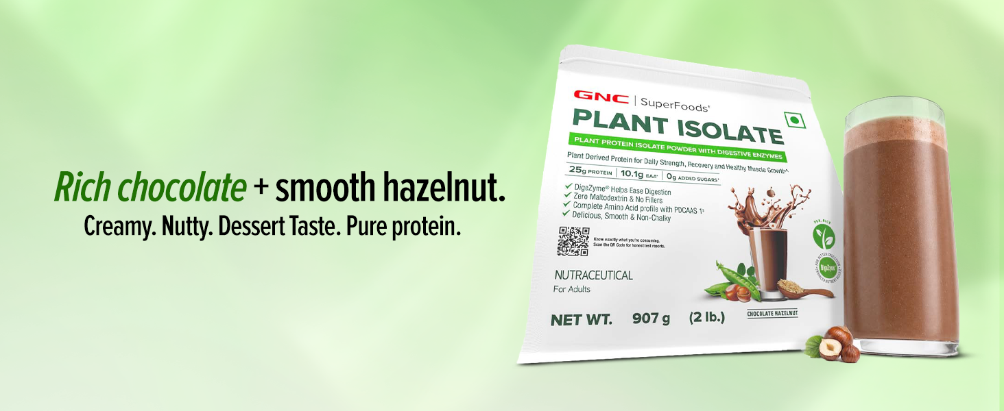 GNC Plant Protein Isolate Powder | 25g Protein Complete Amino Acid Profile with PDCAAS 1 Score | DigeZyme® For Faster Absorption | No Added Sugar | Delicious & Non-Chalky | Chocolate Hazelnut (2lbs)