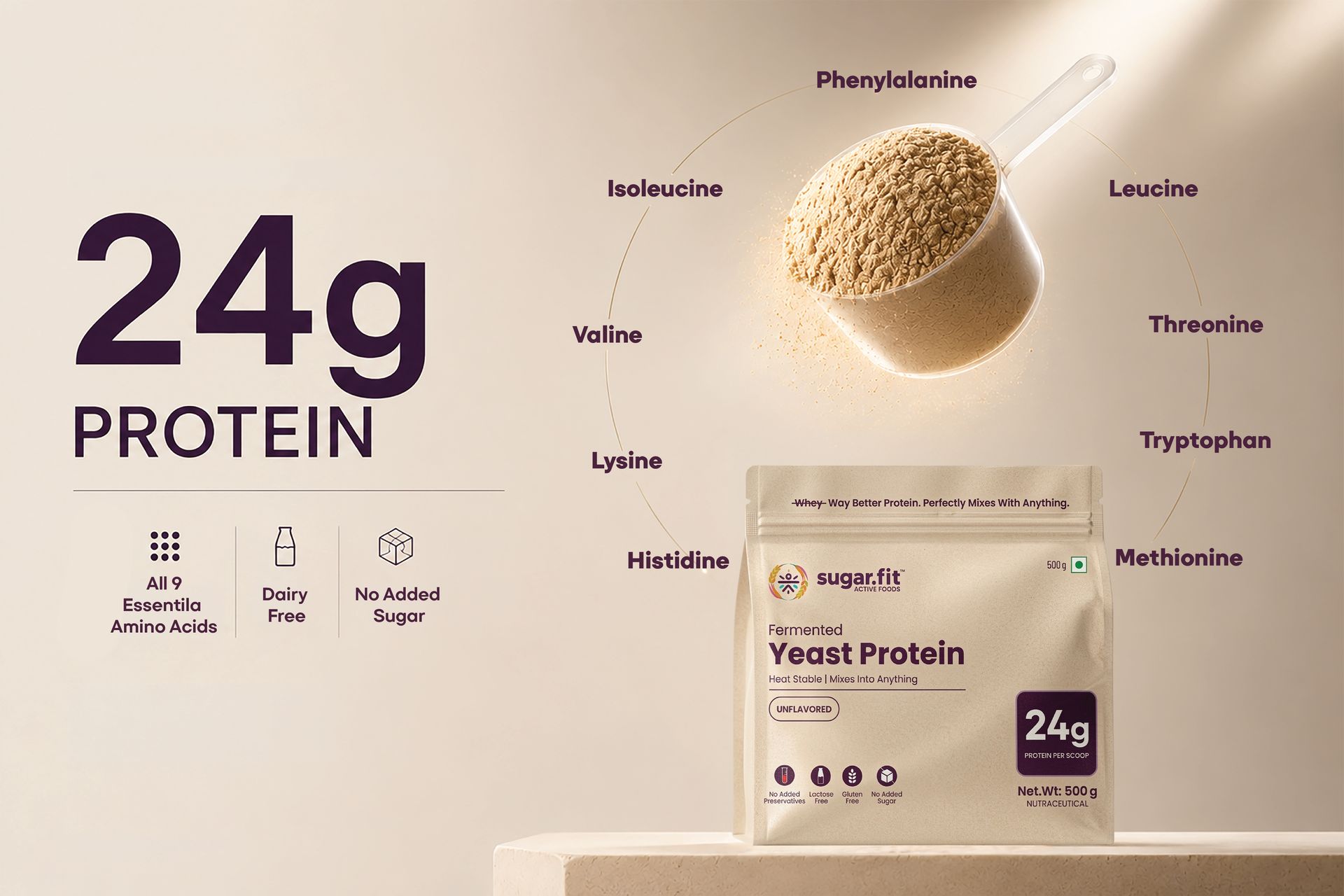 Sugar.fit Fermented Yeast Protein Powder, Unflavoured 500g | 24g Protein from a 30g Scoop | All 9 Essential Amino Acids | Vegan protein powder, Heat Stable, Gluten Free, Lactose Free, No Added Sugar