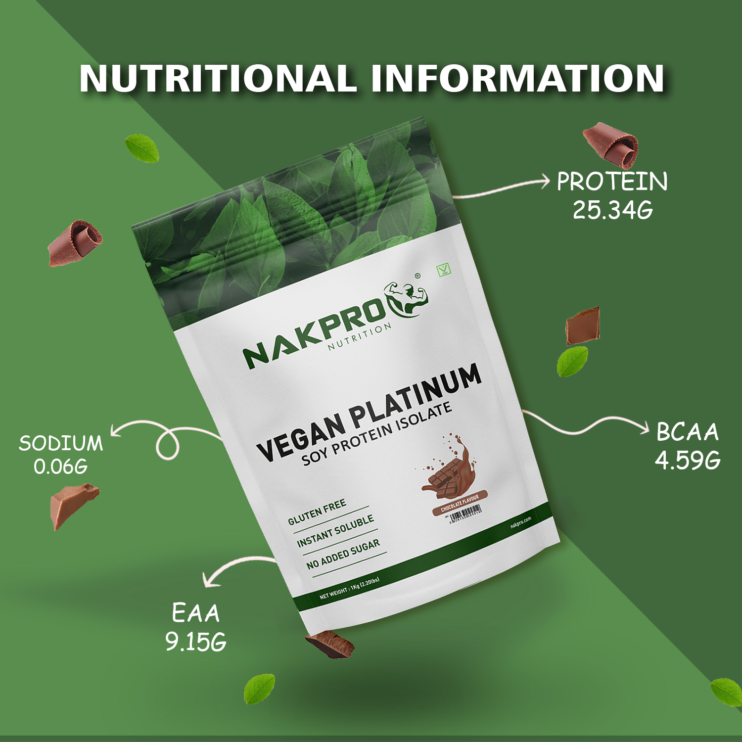 NAKPRO VEGAN SOY PROTEIN ISOLATE 90% | 27.4g Protein, 4.7g BCAA | High Quality Vegan Plant Based Protein for Muscle Growth | Raw, Natural Protein for Men, Women & Athletes | 1 Kg Unflavoured (30 Servings)