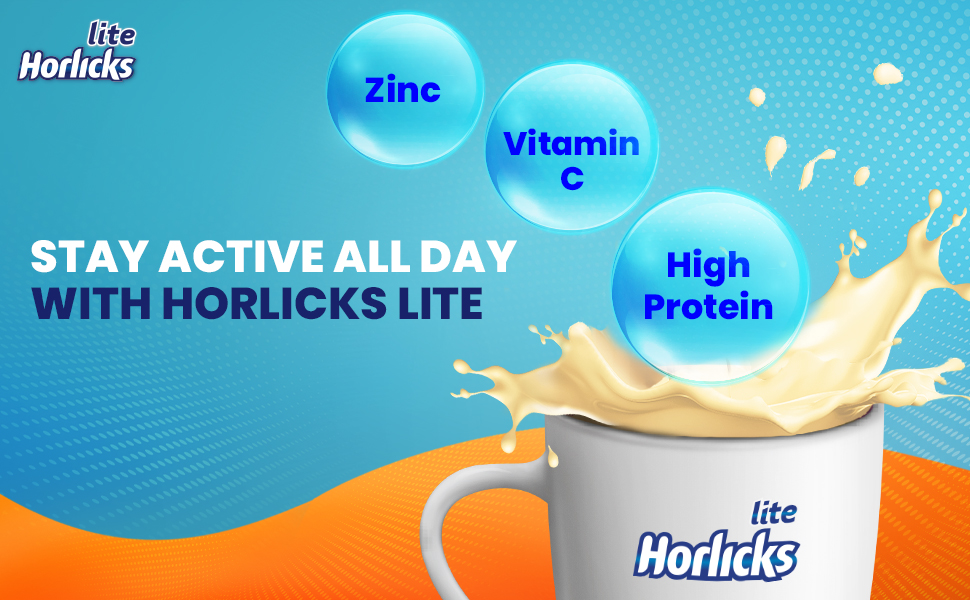 Horlicks Lite 450g, Energy for Active Adults | High Protein, No Added Sugar, 24 Vital Nutrients | Malt Flavour