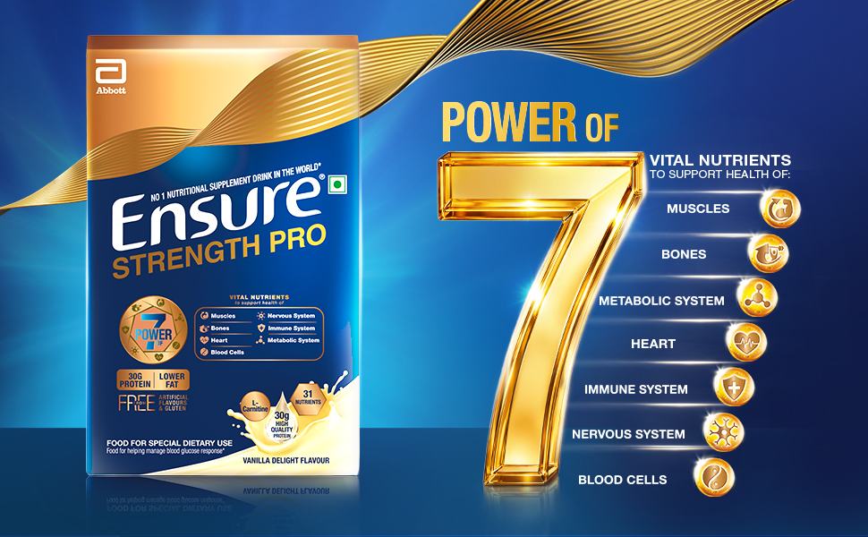 Ensure Strength Pro | High Protein Nutritional Drink for Adults | Vanilla Delight (400g) | 30g Protein, Low GI, Gluten Free | L-Carnitine| No Artificial Flavors | Scientifically formulated with Power of 7- Muscles, Bones, Heart, Immune System, Metabolic System, Nervous system, Blood Cells health