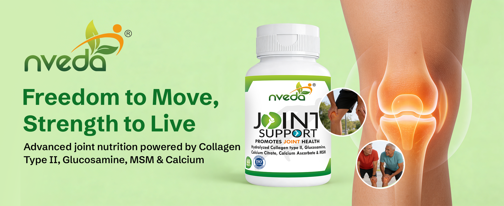 Nveda Joint Support Tablets with Collagen Type II, Glucosamine, MSM & Calcium for Joint Mobility, Cartilage Support & Bone Health for Men & Women, 90 Tablets