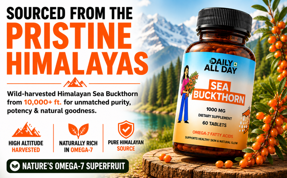 Sea Buckthorn 1000mg Himalayan Seabuckthorn Berry Extract Omega 7 3 6 9 Fatty Acids Antioxidant Supplement for Skin & Immunity 120 Veg Tablets (Pack of 2 — 60-Day Supply)