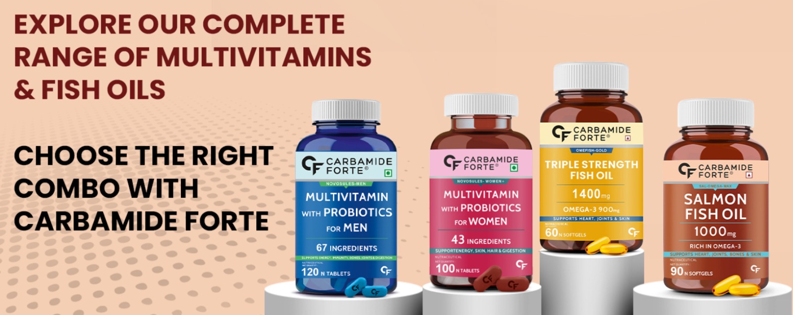 Carbamide Forte Multivitamin Tablet for Men and Women with Probiotics & Omega 3 fish oil capsules | Daily Immunity, Heart, Brain & Joint Support | 60 Tablets + 60 Softgel Capsules (Pack of 2)