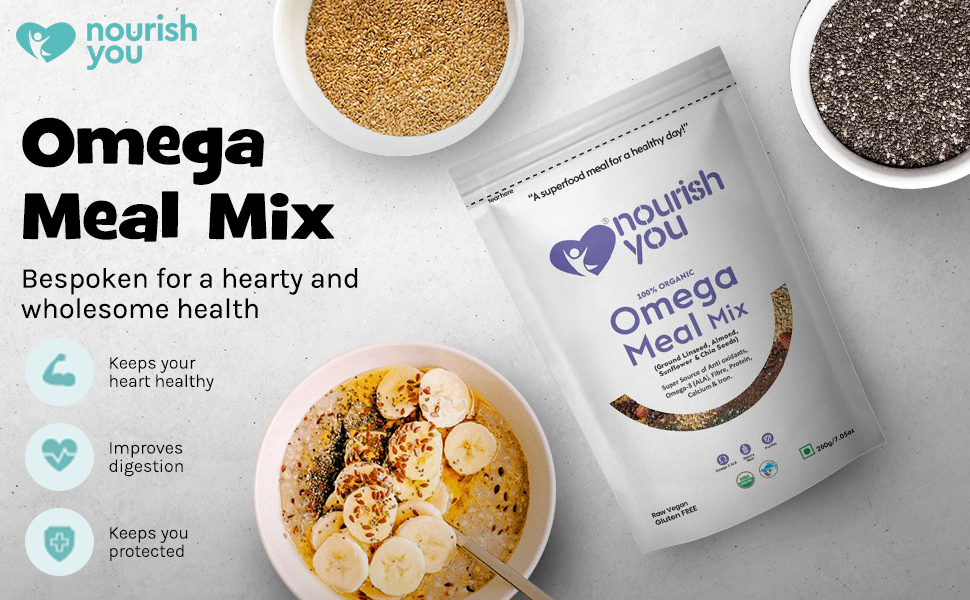 Nourish You Cold Milled Omega Meal Mix Powder | 100% Plant Based | Source of Omega 3 & 6 | Protien | Fibre & Anti-Oxidents | 200G (Pack of 4)
