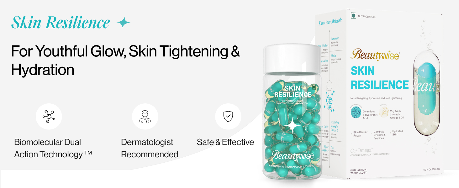 Beautywise Skin Resilience Combination of Ceramides, Hyaluronic Acid & Astaxanthin in Omega-3 | Oil enriched with Vitamin C, E for Skin Moisture and Glowing Skin | 60 Capsules (Pack of 1), 0.12 grams