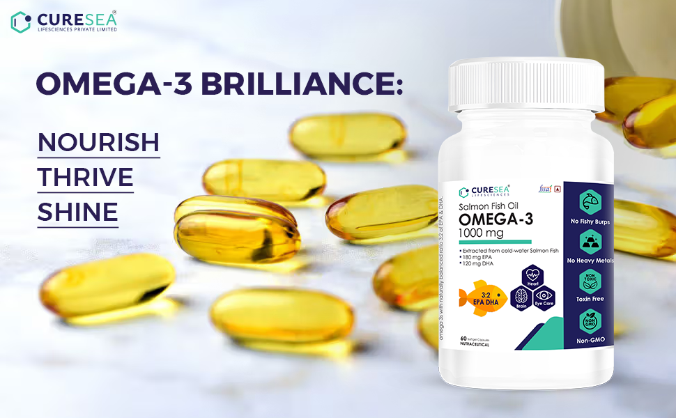 Salmon Omega 3 Fish Oil 1000mg | 180mg EPA & 120mg DHA | Brain, Heart, Eyes & Joints Support | Helps Manage Cholesterol | For Men And Women - 60 Softgels