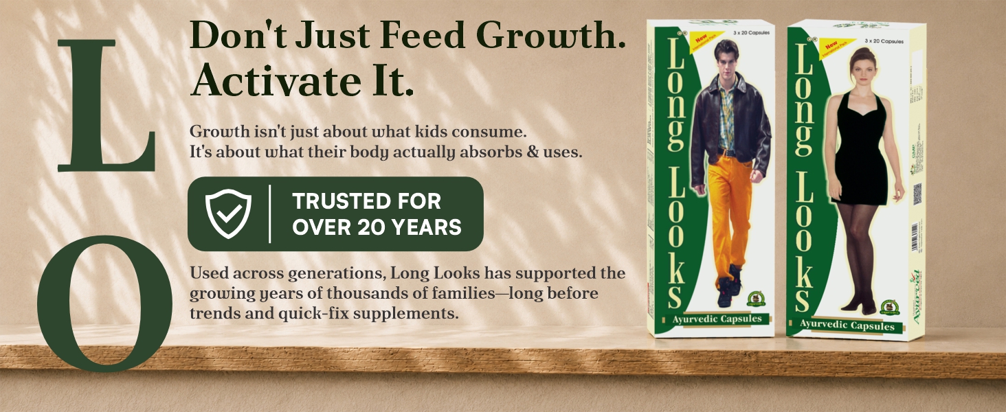 Long Looks Ayurvedic Growth & Development Capsules for Kids & Teens | Supports Bone Strength, Nutrient Absorption & Physical Development | with Ashwagandha, Chandrika & Vidarikand | 60 Capsules