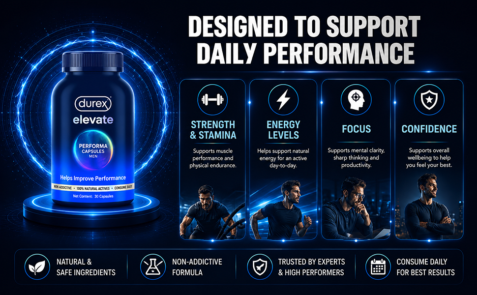 Durex Elevate Performa Capsules for Men | Ashwagandha KSM-66 Purified Shilajit & Supplement | Supports Strength & Stamina | 30 Capsules