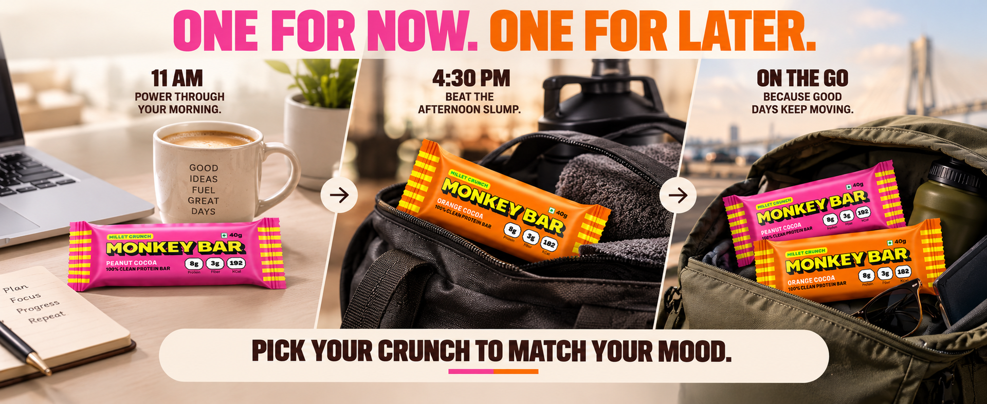 MONKEY BAR Millet Crunch Protein Bar, Assorted | 8g Protein, Pack of 6