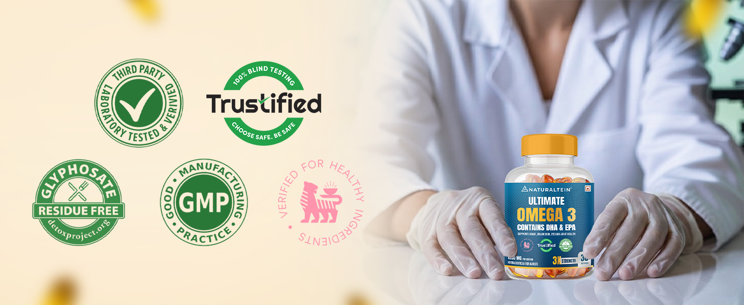 NATURALTEIN Omega-3 Fish Oil 1250mg Triple Strength Softgel Capsules | 450mg EPA & 300mg DHA in Triglyceride Form for Better Absorption | Heart, Brain, Eye & Joint Support | Glyphosate-Free | 60 Softgel Capsules | 60-Day Supply