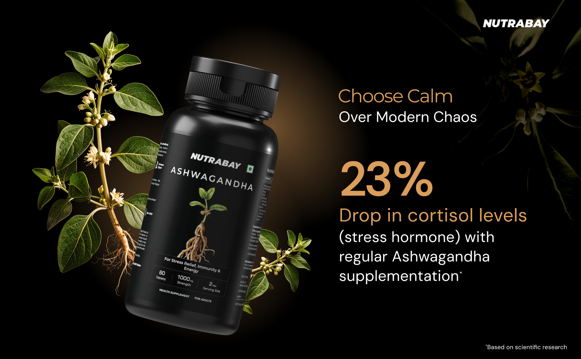 Nutrabay Wellness Ashwagandha Extract Tablet (Withania Somnifera), Enhances Energy, Stamina, Immunity | Anxiety & Stress Relief, 1000mg - 60 Veg Tablets