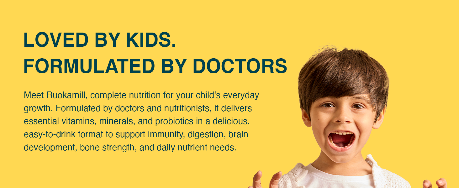 Ruokamill Kids Nutrition Mix | Age 4-12 | Supports Growth, Brain Development & Immunity |30 Nutrients, 11g Protein, Omega-3 (EPA & DHA), 1.1B CFU Probiotics | No Refined Sugar | (400g, Chocolate)