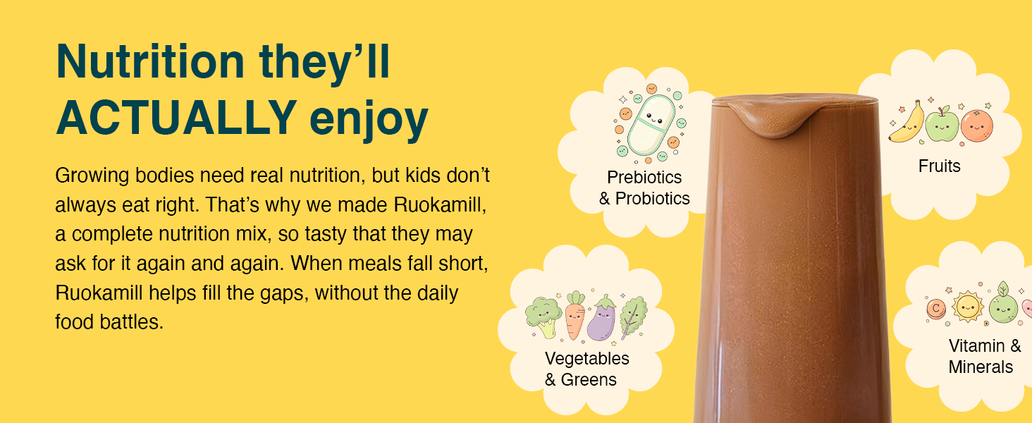 Ruokamill Kids Nutrition Mix | Age 4-12 | Supports Growth, Brain Development & Immunity |30 Nutrients, 11g Protein, Omega-3 (EPA & DHA), 1.1B CFU Probiotics | No Refined Sugar | (400g, Chocolate)