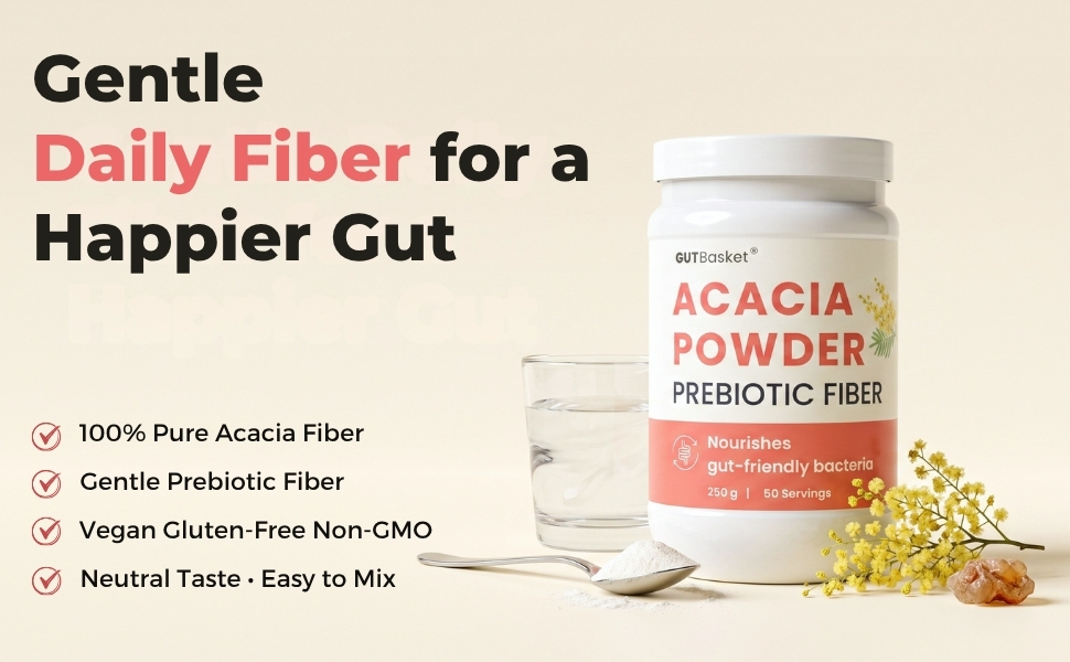Gutbasket Acacia Powder Prebiotic (250g) - Prebiotic Fiber Supplement for Digestive Health & Gut Wellness - Vegan, Gluten-Free, Non-GMO - Nourishes Gut Microbiome, Easy on Your Gut