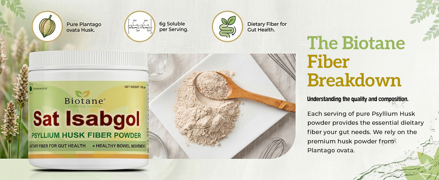 Biotane Naturals Sat Isabgol 180g | 100% Natural Psyllium Husk Powder | High Fiber Digestive Support | Helps Relieve Constipation & Improve Gut Health | Plant-Based Dietary Fiber Supplement