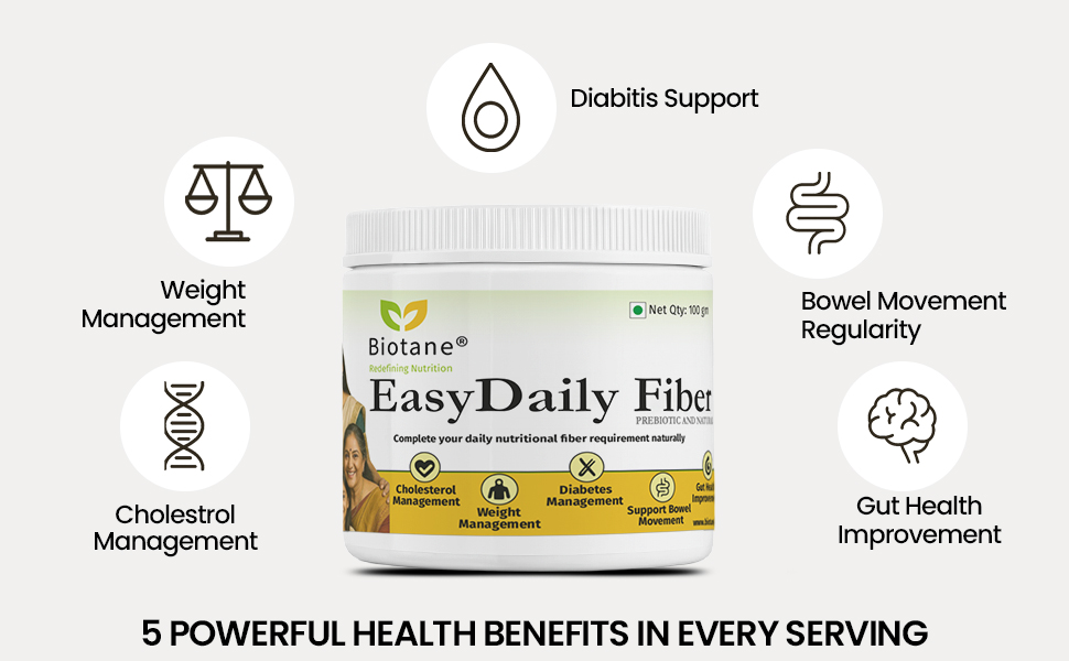 Biotane EasyDaily Fiber | Prebiotic Fiber for Gut Health Support I Regular Movements | No colour, No flavor, No Preservative I Made in Technical Collaboration with Vitane Pharma USA I 100 gm Jar