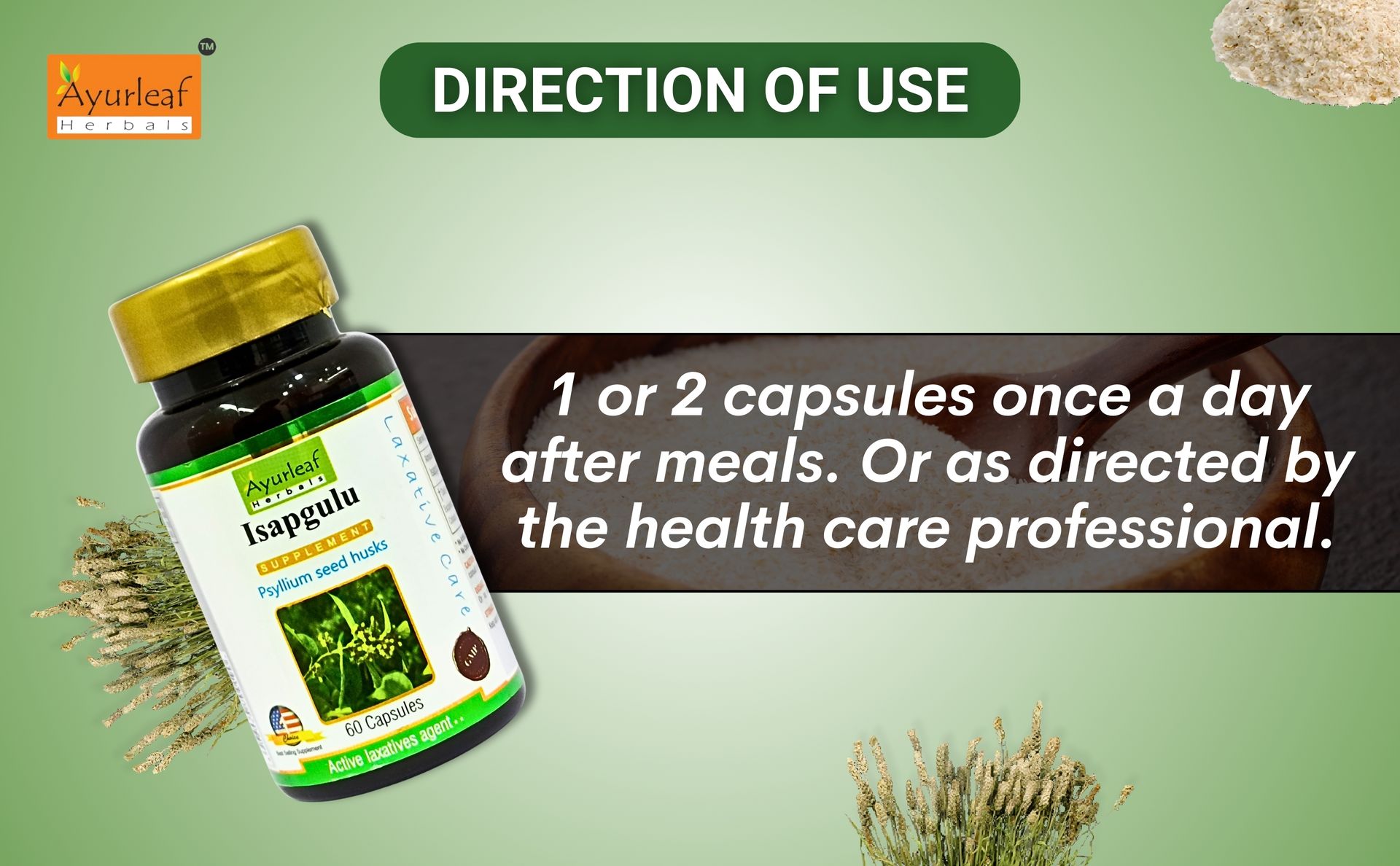 Ayurleaf Herbals Isapgulu Husk Capsules | For Better Digestion, Fiber Supplement & Constipation | 100% Natural Herbal supplement (60 Capsules)