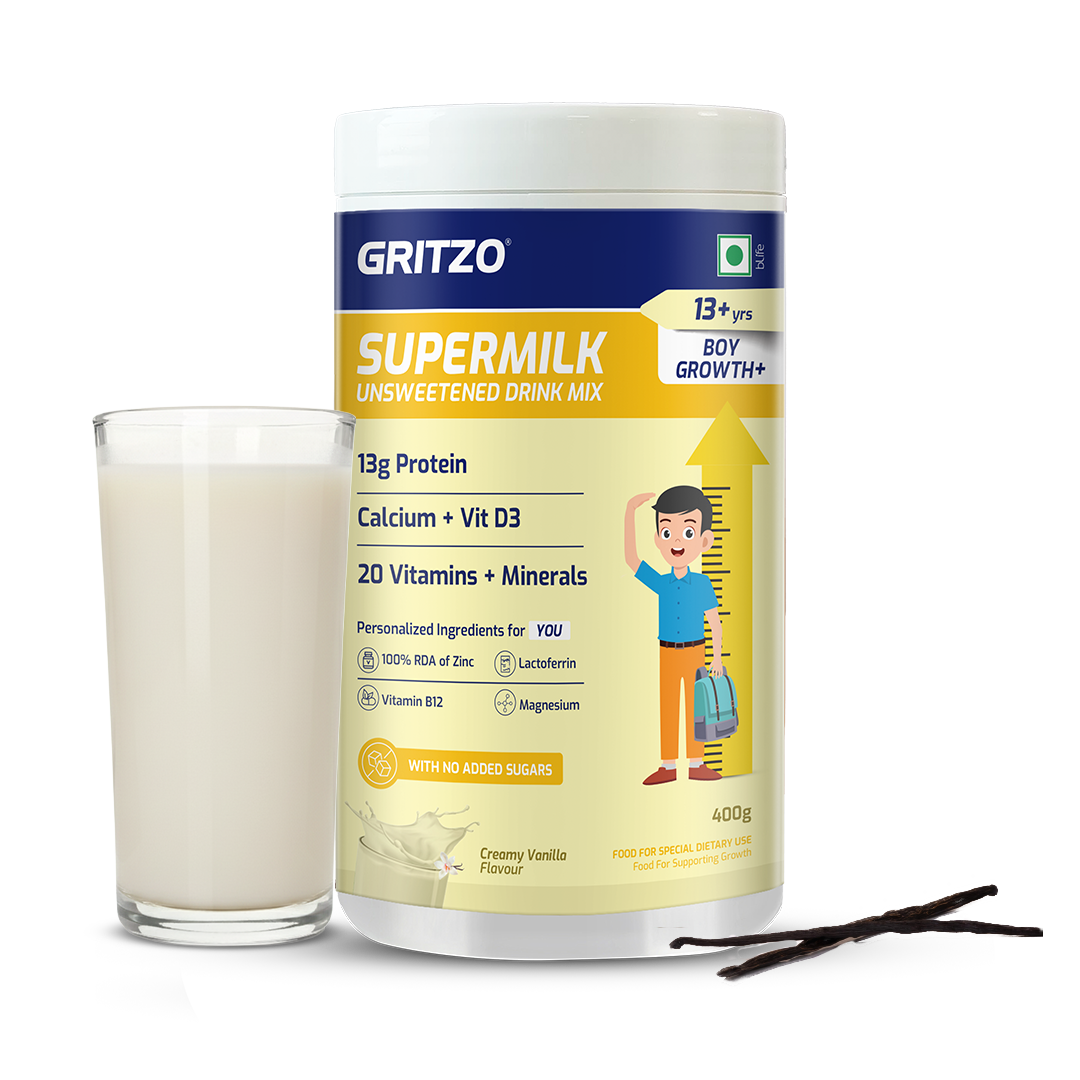 Gritzo SuperMilk Growth+ Unsweetened (13+ Boy), Creamy Vanilla, 400g