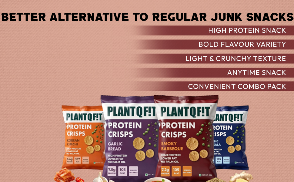 PLANTQFIT High Protein Chips-Savoury Crunchy Namkeen |56g Protein Per Combo, Baked Not Fried, Plant Based| Protein Chips and Snacks, Low Calorie Healthy Snacks for Adults | 8 Combo Packs | 4 Gourmet Flavours: Barbeque, Garlic Bread, Masala Magic, Korean Kimchi | Guilt-Free Diet Snack