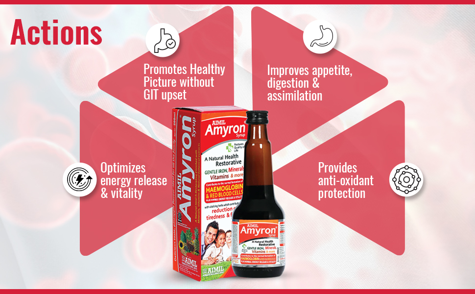 AIMIL Amyron Syrup – 200ml | Ayurvedic Iron Supplement for Men & Women | Enriched with Vitamins & Mineral Rich Herbs to Improve Hemoglobin Levels, Boost Platelets, and Reduce Tiredness & Fatigue (Pack of 1)
