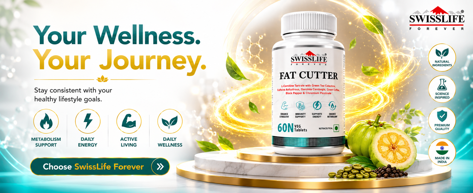 Swisslife Forever Fat Burner Tablets for Weight Loss | L-Carnitine, Green Tea, Garcinia Cambogia & Chromium | Energy Booster & Metabolism Support | For Men & Women | 60 Tablet
