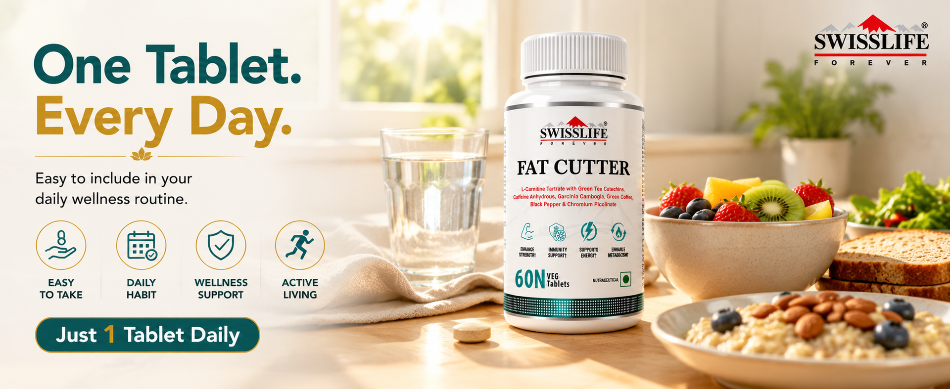 Swisslife Forever Fat Burner Tablets for Weight Loss | L-Carnitine, Green Tea, Garcinia Cambogia & Chromium | Energy Booster & Metabolism Support | For Men & Women | 60 Tablet